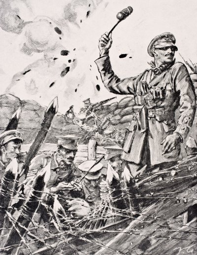 British Officer Hurling Grenades from Trench at Attacking Germans, from 